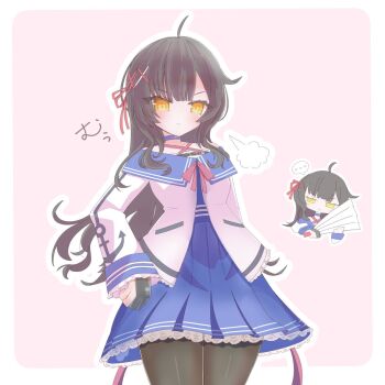 Rule 34 | ..., 1girl, :<, ahoge, anchor print, arm at side, assault lily, belt, belt buckle, black belt, black gloves, black hair, black pantyhose, blue choker, blue dress, blue sailor collar, blunt bangs, border, buckle, chest belt, chibi, chibi inset, choker, closed mouth, commentary request, cowboy shot, criss-cross halter, cropped torso, dress, folding fan, gloves, hair ornament, hair ribbon, half-closed eyes, halter dress, halterneck, hand fan, hands up, highres, holding, holding fan, long hair, multiple views, neck ribbon, nogamo, off-shoulder shirt, off shoulder, outline, outside border, pantyhose, partially fingerless gloves, pink background, pink ribbon, pleated dress, print shirt, puff of air, red ribbon, ribbon, rounded corners, sailor collar, school uniform, serafuku, shirt, sidelocks, simple background, speech bubble, spoken ellipsis, standing, translated, tsukioka chino, v-shaped eyebrows, very long hair, white border, white outline, white shirt, x hair ornament, yellow eyes