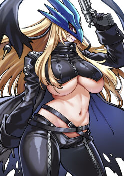 1girl beelstarmon belt black_gloves blonde_hair breasts cropped_jacket digimon digimon_(creature) female_focus gloves gun highres holding holding_gun holding_weapon jacket large_breasts leather leather_jacket leather_pants long_hair mask navel pants purple_eyes purple_lips shouji_nigou simple_background smile solo solo_focus standing stomach third_eye weapon white_background zipper