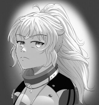 1girl absurdres ahoge alternate_hairstyle closed_mouth eyelashes greyscale highres long_hair monochrome pedrovrc ponytail portrait rwby solo split_mouth undercut yang_xiao_long