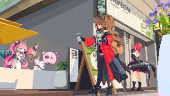 Rule 34 | 4girls, angelina (arknights), animal, animal ears, aqua tail, ardelia (arknights), arknights, arknights: endfield, baby animal, black boots, black dress, black horns, black shoes, black socks, black thighhighs, blue streaks, boots, breasts, brown hair, coat, cup, day, demon horns, disposable coffee cup, disposable cup, dolly (arknights), dress, flower, fold-over boots, fox ears, fox girl, full body, gilberta (arknights), gloves, hand on own chin, hashtag-only commentary, headgear, high collar, high heels, highres, holding, holding animal, holding cup, horns, kneehighs, laevatein (arknights), lamb, large breasts, long hair, looking at another, midridf, midriff, multiple girls, off shoulder, open clothes, open coat, outdoors, pants, pink gloves, pink hair, pink horns, pink tube top, pixel art, plant, ponytail, potted plant, purple flower, purple shirt, red coat, red eyes, red hair, sheep, sheep ears, sheep girl, sheep horns, shirt, shoes, shop, short dress, sideless dress, signboard, smile, socks, storefront, strapless, surtr (arknights), thighhighs, tube top, twintails, vase, waving, white coat, white horns, white pants, white shirt, yemengmengai, yvonne (arknights)