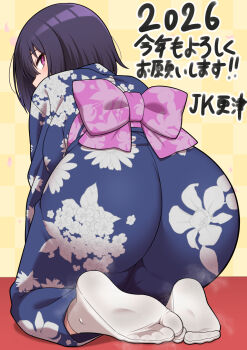 1girl 2026 all_fours ass blue_kimono blush breasts checkered_background commentary_request floral_print floral_print_kimono from_behind full_body hair_between_eyes happy_new_year highres impossible_clothes japanese_clothes jkisaradu kimono large_breasts looking_at_viewer looking_back medium_hair new_year no_shoes obi original pink_hair pink_sash print_kimono purple_hair sash smell socks soles solo steaming_body tabi white_socks yellow_background