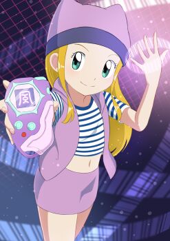 1girl absurdres blonde_hair blue_eyes blue_shirt cowboy_shot cropped_shirt d-scanner digimon digimon_frontier hat henshin_pose highres holding looking_at_viewer navel orimoto_izumi purple_eyes purple_hat purple_skirt shirt skirt smile solo striped_clothes striped_shirt two-tone_shirt white_shirt yamamoto_zetta
