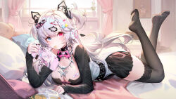 Rule 34 | 1girl, absurdres, bandaid, bare shoulders, black dress, black thighhighs, blue eyes, breasts, curtains, dress, eating, heterochromia, highres, holding, holding phone, indoors, large breasts, legs up, long hair, looking at viewer, lying, no shoes, on bed, on stomach, original, phone, pillow, pink hair, q18607, red eyes, sleeves past wrists, solo, stuffed animal, stuffed toy, teddy bear, thighhighs, two-tone dress, two side up, very long hair, white dress, white hair, window, zettai ryouiki