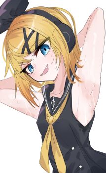 1girl arm_up armpits black_bow black_shirt blue_eyes blush bow collarbone commentary fang hair_bow headphones highres kagamine_rin kagamine_rin_(sour_model) long_hair looking_at_viewer medium_hair mikumikudance neckerchief open_mouth shirt sidelocks simple_background solo sour_model_(mikumikudance) sweat swept_bangs thinker25075754 treble_clef untranslatable_commentary upper_body very_long_hair vocaloid white_background yellow_neckerchief