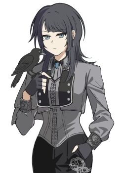 1girl bang_dream! bang_dream!_it's_mygo!!!!! bird black_gloves black_hair candy_yu commentary_request crow earrings fingerless_gloves gloves grey_eyes grey_jacket hand_in_pocket highres jacket jewelry long_sleeves looking_at_viewer medium_hair simple_background solo white_background yahata_umiri