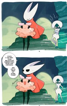 2girls ange_(angeban93) arthropod_girl awooo black_eyes black_skin blank_eyes bodysuit cloak colored_skin commentary crossed_arms english_commentary english_text flea_(hollow_knight) fluffy full_body hat highres hollow_eyes hollow_knight hollow_knight:_silksong horned_mask hornet_(hollow_knight) horns lace_(hollow_knight) leaning looking_at_another mask multiple_girls petting red_cloak sitting speech_bubble standing white_eyes white_hat white_mask