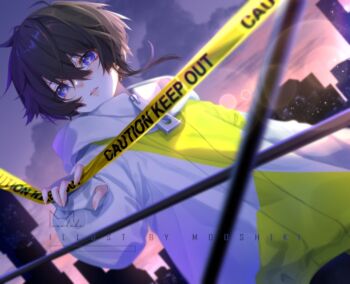 1boy black_hair blue_eyes caution_tape dawn double-parted_bangs dutch_angle eve_(musician) hair_between_eyes hashtag-only_commentary jacket long_sleeves looking_at_viewer male_focus mooshiki parted_lips raison_d&#039;etre_(eve) short_hair solo upper_body white_jacket zipper_pull_tab