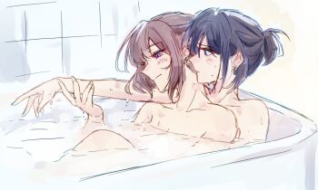 2girls bathtub black_hair blue_eyes blush brown_hair closed_mouth commentary english_commentary hair_up hickey miyagi_shiori multiple_girls niigouki nude partially_submerged purple_eyes same-sex_bathing sendai_hazuki shared_bathing shuuniichido_classmate_wo_kau_hanashi smile water wet yuri