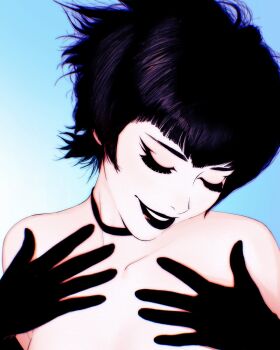 1girl bare_shoulders black_choker black_gloves black_hair black_lips blue_background choker closed_eyes collarbone commentary commentary_request english_commentary gloves highres ilya_kuvshinov mixed-language_commentary original parted_lips short_hair simple_background smile solo topless_female