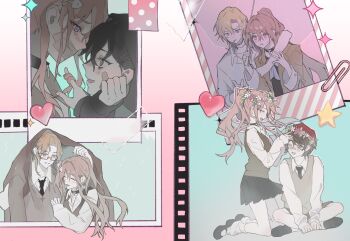 Rule 34 | 1girl, 4boys, ;d, ^ ^, ankle socks, artist request, bandaid, bandaid on face, bandaid on nose, black collar, black hair, black hoodie, black necktie, black shoes, black skirt, blonde hair, blue eyes, blush, brown-framed eyewear, brown hair, brown jacket, brown shirt, brown vest, chinese commentary, cigarette, closed eyes, collage, collar, commentary request, commission, cross, cross necklace, dating, degrees of lewdity, double-parted bangs, dress, dress shirt, embarrassed, eyebrow piercing, face piercing, fish skeleton hair ornament, floating clothes, floating hair, gag, green eyes, hair between eyes, hair intakes, hair ornament, happy, head wreath, heart, hetero, high ponytail, highres, holding, holding umbrella, holding unworn clothes, holding unworn jacket, hood, hood up, hoodie, improvised gag, improvised umbrella, indian style, jacket, jacket over head, jewelry, kneeling, kylar (degrees of lewdity), kylar (male) (degrees of lewdity), loafers, long hair, long sidelocks, long sleeves, looking ahead, looking at another, loose socks, low ponytail, male yandere, mary janes, miniskirt, multiple boys, multiple views, necklace, necktie, nervous, one eye closed, open collar, open mouth, pale skin, photo (object), piercing, player character (degrees of lewdity), player character (female) (degrees of lewdity), pleated skirt, polaroid photo, ponytail, purple eyes, rain, robin (degrees of lewdity), robin (male) (degrees of lewdity), scared, school uniform, second-party source, semi-rimless eyewear, shared improvised umbrella, shirt, shoes, short hair, side ponytail, sidelocks, simplified chinese commentary, sitting, skirt, sleeves past wrists, slit pupils, smile, smoking, socks, sparkle, sweatdrop, swept bangs, sydney (degrees of lewdity), sydney (male) (degrees of lewdity), tape, tape gag, tearing up, twirling hair, umbrella, under-rim eyewear, unworn jacket, vest, white dress, white socks, whitney (degrees of lewdity), whitney (male) (degrees of lewdity), wing collar, wolf cut, x hair ornament, yandere, yellow eyes