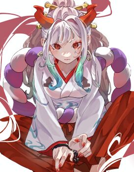 1girl absurdres aqua_hair closed_mouth commentary cuffs earrings hair_ornament hakama handcuffs highres horns japanese_clothes jewelry kimono looking_at_viewer one_piece ponytail red_hakama red_nails rope shimenawa sidelocks sitting solo u_mi031 white_hair white_kimono wide_sleeves yamato_(one_piece)
