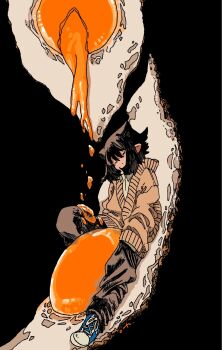 1girl black_background black_hair black_pants blue_shoes brown_cardigan cardigan closed_eyes closed_mouth collared_shirt dripping fried_egg full_body hair_horns highres knee_up long_sleeves omitasi on_food original oversized_food oversized_object pants pointy_ears shirt shoes short_hair simple_background sneakers solo white_shirt