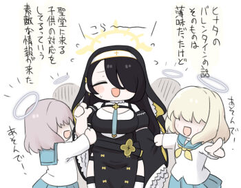 2others 3girls :d ^_^ black_dress black_hair blonde_hair blue_archive blue_sailor_collar blue_skirt blush_stickers breasts chibi closed_eyes dress faceless faceless_female flying_sweatdrops hair_over_eyes hair_over_one_eye halo highres hinata_(blue_archive) juliet_sleeves large_breasts long_sleeves miranofuudoria multiple_girls multiple_others neckerchief nun open_mouth pleated_skirt puffy_sleeves sailor_collar school_uniform serafuku shirt simple_background skirt small_sweatdrop smile sweat translation_request trinity_student_(blue_archive) veil white_background white_shirt yellow_neckerchief