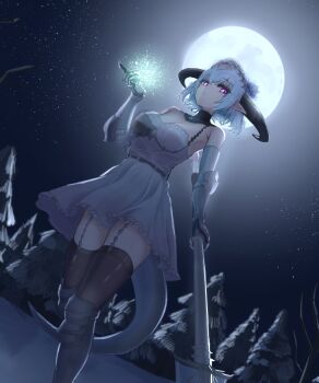 1girl armor bare_shoulders black_horns blue_flower blue_hair breasts cleavage curled_horns detached_collar dragon_girl dragon_horns dress elbow_gloves filene_(shadowverse) flower full_moon gauntlets gloves hair_between_eyes hair_flower hair_ornament highres holding holding_polearm holding_weapon horns looking_at_viewer medium_breasts moon night night_sky pink_eyes pointy_ears polearm purple_eyes ryotefu_illust shadowverse shadowverse:_worlds_beyond short_hair sky solo tail upper_body weapon white_dress white_gloves