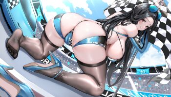 1girl absurdres alternate_costume aoi_sakura_(seak5545) ass bikini black_bikini black_hair black_thighhighs blue_bikini blue_nails blue_shoes breasts cameltoe checkered_flag flag goddess_of_victory:_nikke hanging_breasts high_heels highres large_breasts long_hair looking_at_viewer maiden_(nikke) multicolored_bikini outdoors race_queen red_eyes shoes solo strappy_heels swimsuit thighhighs two-tone_bikini very_long_hair