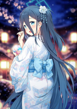 1girl :d aris_(blue_archive) black_hair blue_archive blue_eyes blue_kimono blurry blurry_background chiyingzai commentary_request depth_of_field floral_print flower from_behind hair_between_eyes hair_flower hair_ornament highres japanese_clothes kimono long_hair looking_at_viewer looking_back night obi one_side_up open_mouth outdoors print_kimono sash smile solo very_long_hair white_flower