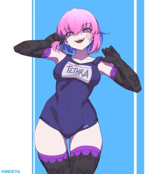 1girl absurdres bandaid bandaid_on_face black_gloves black_thighhighs blue_hair blue_one-piece_swimsuit breasts commentary commission contrapposto cowboy_shot elbow_gloves english_commentary gloves gluteal_fold highres holding holding_own_hair medium_breasts medium_hair multicolored_hair name_tag once_11h one-piece_swimsuit open_mouth original pear-shaped_figure pink_hair purple_eyes school_swimsuit shaded_face smile solo swimsuit thigh_gap thighhighs twitter_username two-tone_hair wide_hips