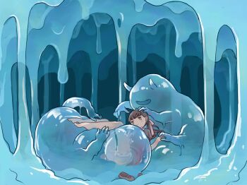 1girl barefoot black_hair blob bloomers blush feet flat_chest loli monster panties restrained see-through_clothes size_difference slime tagme tensen_(dotted_line) thighs underwear