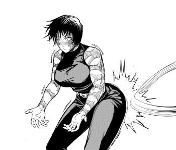 1girl absurdres ass ass_smack bare_shoulders blush breasts burn_scar commentary_request highres huge_ass jonathan_capahalea jujutsu_kaisen large_breasts one_eye_closed scar scar_on_arm scar_on_face scars_all_over simple_background spanked thick_thighs thighs too_many wide_hips zen'in_maki