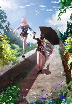 2girls black_corset black_overskirt corset dual_persona evernight_(honkai:_star_rail) flower_ornament gradient_clothes gradient_jacket hashtag-only_commentary highres holding holding_umbrella honkai:_star_rail honkai_(series) jacket march_7th_(honkai:_star_rail) march_7th_(preservation)_(honkai:_star_rail) mitara_abunai2 multiple_girls off-shoulder_jacket off_shoulder pink_hair tied_jacket umbrella