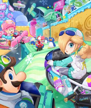 2girls 4boys :d absurdres backwards_hat black_eyes blonde_hair blue_eyes blue_toad_(mario) blue_yoshi brown_hair car closed_mouth double_cherry driving eyewear_on_head facial_hair fingerless_gloves gloves goggles goggles_on_head hair_over_one_eye hat highres jacket long_hair long_sleeves looking_at_viewer looking_back luigi luigi_(touring) luma_(mario) mario_(series) mario_kart mario_kart_world motor_vehicle motorcycle multiple_boys multiple_girls mustache nintendo official_alternate_costume on_motorcycle open_mouth penguin_(mario) pink_yoshi red_toad_(mario) rosalina rosalina_(touring) sasaki_sakiko shy_guy smile steering_wheel sunglasses toad_(mario) toadette toadette_(soft_server) twitter_username white_gloves yellow_toad_(mario) yoshi yoshi_(soft_server)