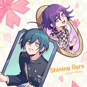 2boys ahoge black_hair danganronpa_(series) danganronpa_v3:_killing_harmony ewa_(seraphhuiyu) green_hair hair_between_eyes highres jacket long_sleeves male_focus multiple_boys oma_kokichi pink_hair purple_hair saihara_shuichi short_hair smile upper_body