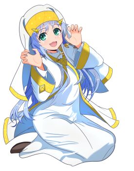 Rule 34 | 1girl, :d, absurdres, claw pose, commentary request, cone horns, fang, full body, gratin (kumaisao), green eyes, grey hair, highres, horns, index (toaru majutsu no index), long hair, nun, open mouth, robe, safety pin, sitting, smile, solo, toaru majutsu no index, white background, white robe, yellow horns, yokozuwari