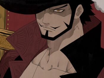 1boy adam&#039;s_apple bake_ryori beard black_hat closed_mouth collarbone dracule_mihawk expressionless facial_hair hat high_collar highres looking_at_viewer male_focus mustache one_piece orange_eyes ringed_eyes solo thick_neck