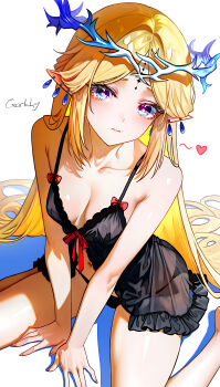 1girl absurdres alternate_costume babydoll bare_shoulders black_babydoll black_panties blonde_hair blue_eyes breasts car1nly cartethyia_(wuthering_waves) closed_mouth collarbone commentary crown_of_thorns dated earrings front-tie_top front_slit heart highres jewelry long_hair looking_at_viewer navel panties pointy_ears revision see-through_clothes sidelocks simple_background sitting small_breasts solo spaghetti_strap tacet_mark_(wuthering_waves) underwear wariza white_background wuthering_waves
