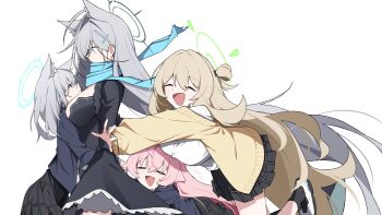 4girls absurdres ahoge animal_ear_fluff animal_ears arms_around_waist between_breasts black_choker black_dress blue_archive blue_eyes blue_halo blue_scarf blush breasts broken_halo cardigan choker closed_eyes commentary cross cross_hair_ornament dark_halo dress extra_ears eye_contact face-to-face fang green_halo grey_hair hair_bun hair_ornament halo hashtag-only_commentary head_between_breasts height_difference highres hoshino_(blue_archive) hug hug_from_behind inverted_cross jacket large_breasts long_hair long_sleeves looking_at_another medium_hair mmhomm multiple_girls nonomi_(blue_archive) open_mouth pink_hair scarf shiroko_(blue_archive) shiroko_terror_(blue_archive) shirt simple_background single_side_bun skirt smile surprised very_long_hair white_shirt wolf_ears wolf_girl yellow_cardigan