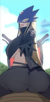 1girl ass beelstarmon behemoth_(digimon) belt black_coat black_gloves black_pants blonde_hair blue_mask breasts coat commentary_request digimon digimon_(creature) digimon_story:_time_stranger eye_mask gloves highres large_breasts leather leather_pants long_hair mask motor_vehicle motorcycle pants pov sitting solo third_eye underboob yotsumoto_yuu