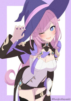 1girl ;o black_shorts black_shrug blue_eyes border breasts cleavage commentary_request corset elf elysia_(honkai_impact) elysia_(miss_pink_elf)_(honkai_impact) hat highres honkai_(series) honkai_impact_3rd kenjirohayamiti large_breasts long_hair looking_at_viewer one_eye_closed pink_hair pointy_ears purple_border purple_eyes short_shorts shorts shrug_(clothing) simple_background smile solo thighs twitter_username very_long_hair white_background white_corset witch_hat