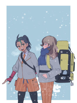 1boy 1girl :d arven_(pokemon) backpack bag black_hair black_pantyhose blue_scarf border brown_hair collared_shirt commentary_request grey_jacket hand_in_pocket highres jacket long_hair multicolored_hair nanase_(trfok1) necktie nemona_(pokemon) nintendo open_mouth orange_necktie orange_pants orange_shorts outside_border pants pantyhose pokemon pokemon_scarlet_and_violet ponytail scarf shirt shorts smile snowing standing streaked_hair teeth upper_teeth_only white_border yellow_bag zipper_pull_tab