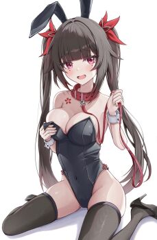 1girl alternate_breast_size_(larger) animal_ears bare_shoulders black_leotard black_shoes black_thighhighs blush breasts brown_hair cleavage collar commentary facial_mark fake_animal_ears fingernails full_body hands_up high_heels highleg highleg_leotard highres holding holding_leash honkai:_star_rail honkai_(series) large_breasts leash leotard long_hair looking_at_viewer nenne_(sleeping) open_mouth playboy_bunny rabbit_ears red_collar red_eyes shoes simple_background sitting solo sparkle_(honkai:_star_rail) strapless strapless_leotard thighhighs twintails very_long_hair wariza white_background white_wrist_cuffs wrist_cuffs