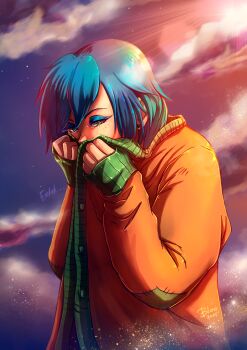 1girl absurdres artist_name blookarot blue_hair blue_sky cloud cloudy_sky commentary crying crying_with_eyes_open earrings ed_edd_n_eddy english_commentary freckles green_eyes highres jacket jewelry long_sleeves makeup marie_kanker orange_jacket short_hair sky solo tears upper_body