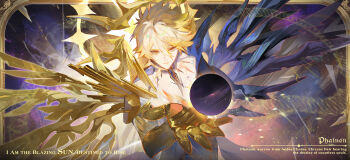 1boy black_wings blonde_hair chinese_commentary choker colored_extremities commentary_request english_text gold_choker gold_skin hair_between_eyes halo halo_behind_head hand_up highres honkai:_star_rail honkai_(series) looking_at_viewer male_focus material_growth moehikaru orb parted_lips phainon_(honkai:_star_rail) phainon_(khaslana)_(honkai:_star_rail) short_hair solo spiked_choker spikes topless_male upper_body wings yellow_eyes yellow_wings