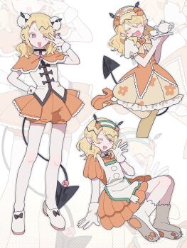 Rule 34 | 1boy, apron, blonde hair, bun cover, commentary, crossdressing, crossdressing (mtf), demon boy, demon tail, dress, earrings, gloves, hairband, highres, holding, holding tray, horns, jewelry, long hair, looking at viewer, mairimashita! iruma-kun, mary janes, multiple views, official alternate costume, orange dress, paw shoes, pointy ears, purple eyes, shax lied, shoes, simple background, smile, tail, trap, tray, v, white apron, white background, white gloves, wrist cuffs, zezezezennte, zoom layer
