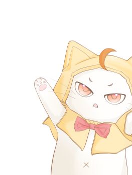 Rule 34 | absurdres, ahoge, animal, animal focus, annoyed, arms up, bow, bowtie, brown eyes, cat, chinese commentary, chunpiao, cloak, clothed animal, commentary request, ear covers, frown, highres, hood, hood up, hooded cloak, momo (nikki), navel, nikki (series), no humans, open mouth, pawpads, red bow, red bowtie, simple background, solo, standing, traditional bowtie, v-shaped eyebrows, v-shaped eyes, whiskers, white background, white cat, yellow cloak