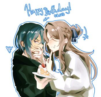 2girls black_hoodie blue_hair blush braid brown_hair cake cake_slice closed_eyes closed_mouth commentary dated english_commentary food food_on_face half_up_braid happy_birthday highres holding holding_plate hood hoodie long_hair medium_hair miyagi_shiori multiple_girls outline plate purple_eyes sendai_hazuki shirt shuuniichido_classmate_wo_kau_hanashi simple_background smile squiggle visari white_background white_shirt yuri