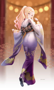 1girl absurdres akiyomi alternate_costume blonde_hair blurry blurry_background commentary_request from_behind gakuen_idolmaster highres idolmaster japanese_clothes juo_sena kimono light_smile long_hair looking_at_viewer looking_back obi ponytail purple_kimono sash solo twitter_username very_long_hair wide_sleeves yukata