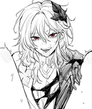 2girls buttons clothing_cutout commentary_request dress dual_persona empty_eyes evernight_(honkai:_star_rail) flower gloves greyscale haegu7o hair_between_eyes hair_flower hair_ornament highres honkai:_star_rail honkai_(series) korean_commentary long_hair looking_at_viewer march_7th_(honkai:_star_rail) march_7th_(preservation)_(honkai:_star_rail) monochrome multiple_girls official_alternate_costume official_alternate_hairstyle open_mouth red_eyes selfcest shoulder_cutout sidelocks simple_background single_bare_shoulder smile solo_focus spread_legs sweat teeth thighs tongue tongue_out trembling two-tone_dress yuri