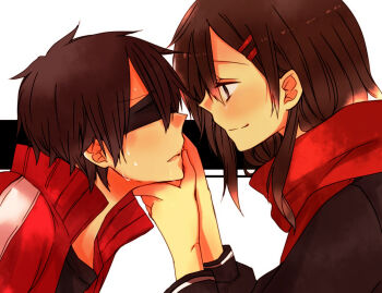 1boy 1girl aoi_choko_(aoichoco) blindfold brown_hair grabbing_another&#039;s_chin hair_ornament hairclip hand_on_another&#039;s_chin hand_on_another&#039;s_face kagerou_project kisaragi_shintarou long_hair looking_at_another monaco0704 saliva school_uniform serafuku short_hair smile sweat tateyama_ayano yandere