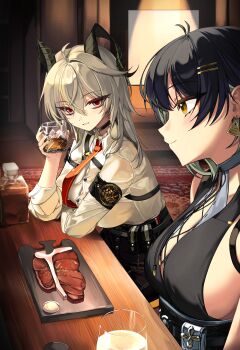 2girls absurdres antenna_hair armband black_armband black_choker black_hair black_horns black_nails black_pants breasts button_gap chest_harness choker closed_mouth collared_shirt commentary_request cross-laced_clothes cross-laced_top cup curled_horns drinking_glass earrings female_rover_(wuthering_waves) food grey_hair hair_between_eyes harness highres holding holding_cup horns indoors jewelry large_breasts light_blush long_hair looking_at_another multiple_girls nail_polish necktie pants parted_lips red_eyes red_necktie rover_(wuthering_waves) samenami0711 shirt shirt_tucked_in sideboob sitting smile steak triangle_earrings white_shirt wuthering_waves yellow_eyes yuri zani_(wuthering_waves)