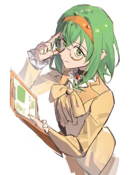 1girl adjusting_eyewear bow bowtie clipboard closed_mouth commentary_request glasses green_eyes green_hair gumi hair_between_eyes hairband hands_up holding holding_clipboard jacket long_sleeves looking_at_viewer orange_hairband short_hair simple_background smile solo vocaloid white_background wounds404 yellow_bow yellow_bowtie yellow_jacket