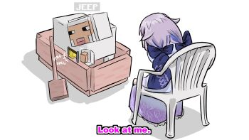 1girl absurdres animal_print bell boat breaking_bad butterfly_print chair commentary dunkemz english_commentary english_text grey_hair highres hololive hololive_english japanese_clothes kimono koseki_bijou koseki_bijou_(new_year) long_hair minecraft monobloc_(chair) official_alternate_costume parody purple_kimono sheep sheep_(minecraft) sitting virtual_youtuber watercraft
