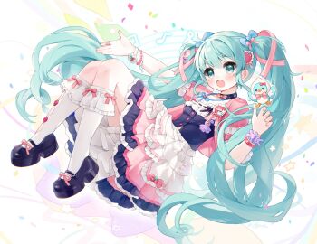 1girl aqua_eyes aqua_hair arm_up black_boots black_choker bloomers blue_bow blush boots bow bracelet choker collarbone commentary_request dress eggplant_(dadamiao) frilled_dress frills hair_between_eyes hair_bow hair_ornament hair_ribbon hatsune_miku highres jewelry long_hair miku_day musical_note open_mouth pink_ribbon puffy_short_sleeves puffy_sleeves ribbon short_sleeves socks twintails underwear very_long_hair vocaloid white_bloomers white_socks