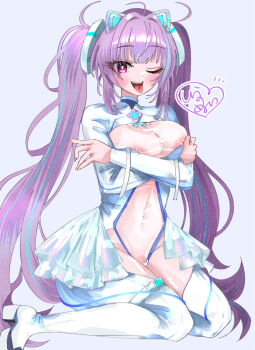 1girl ;p absurdres azur_lane blue_hair blue_streaks blush bodysuit breasts commentary_request covered_navel crossed_arms high_heels highres large_breasts multicolored_hair nipples one_eye_closed open_mouth pasadena_(azur_lane) pink_eyes purple_background purple_hair shiranuinuiko signature simple_background sitting solo streaked_hair tongue tongue_out twintails white_background white_bodysuit