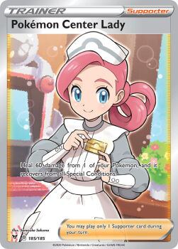 1girl artist_name blue_eyes card_(medium) closed_eyes closed_mouth company_name computer copyright_name copyright_notice dress english_text eyelashes gen_4_pokemon glint hat joy_(pokemon) lens_flare name_tag nintendo nurse nurse_cap official_art pink_hair plant pokemon pokemon_card pokemon_swsh pokemon_tcg potted_plant rotom rotomi sakuma_sanosuke smile solo_focus third-party_source trading_card white_dress white_hat