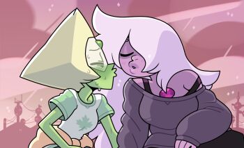 2girls alien alternate_costume amethyst_(steven_universe) blonde_hair blush breasts casual chest_jewel closed_eyes colored_skin discount-supervillain forehead_jewel gem green_skin hair_over_one_eye imminent_kiss long_hair medium_breasts multiple_girls peridot_(steven_universe) plump pointy_nose purple_skin short_hair steven_universe thick_lips white_hair yuri