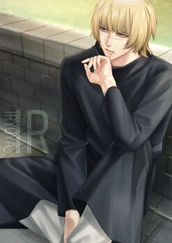 Rule 34 | 1boy, artist logo, badeni, black tabard, blonde hair, chi.: chikyuu no undou ni tsuite, closed mouth, commentary request, elbow on knee, hand on own chin, highres, iorbtyn, knee up, logo, male focus, medium hair, scar, scar on face, scar on lip, scar on mouth, scar on nose, sitting, solo, tabard, tonsure